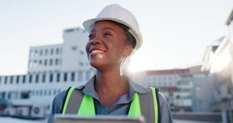 Canvas Print - Engineering, tablet and thinking with black woman in city for project management, digital blueprint and planning. Architecture, technology and structural design with contractor for urban development