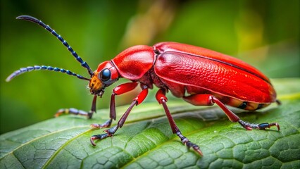 A resplendent red insect with a glossy oval body adorns a green leaf, its delicate antennae and articulated