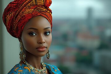 A woman in a modern urban setting in traditional African print clothing, blending contemporary and traditional fashion elements. Concept of fashion fusion and cultural heritage.