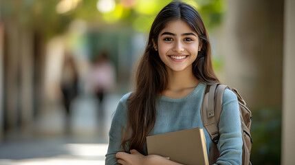 Canvas Print - A smiling student holding a book, standing outdoors in a casual setting.