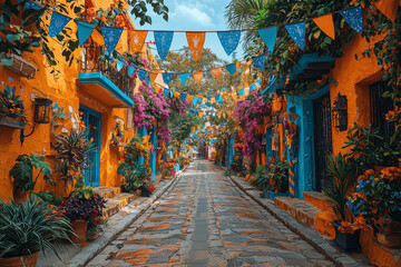 Poster - A street adorned with colorful flags and decorations, marking the beginning of a significant cultural holiday. Concept of public spaces and cultural celebration.