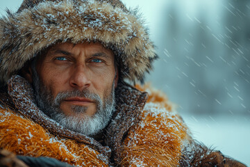 Canvas Print - A man in a fur-lined coat and hat riding a sled in a snowy Siberian landscape, reflecting traditional winter activities in a remote region.