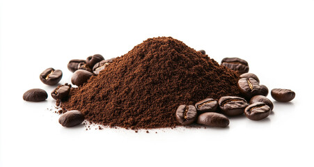 Isolated coffee powder pile with a clipping path and coffee beans on the ground on a white background.