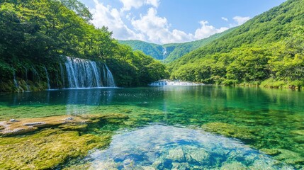 Poster - Tranquil Waterfall and Crystal Clear Lake in Lush Green Forest