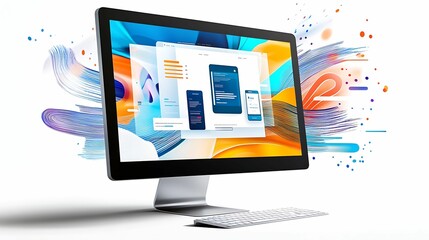 Digital Technology Concept with Responsive Design Elements in Doodle Style on Colorful Background