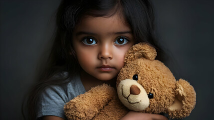 Poster - A young child holds a teddy bear, showcasing innocence and comfort.