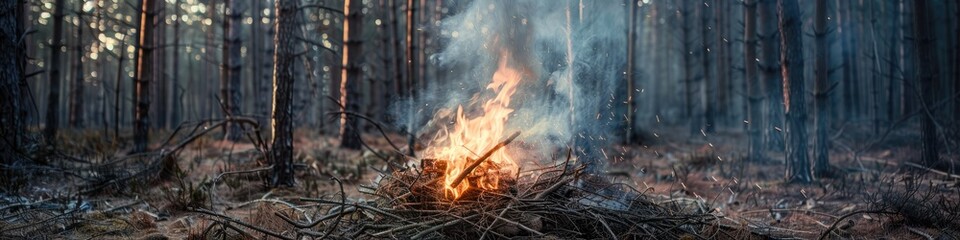 Canvas Print - Bonfire built with branches and sticks producing rising smoke in a forest filled with pine trees. A perfect outdoor setting for camping and exploration, suitable for hiking excursions or overnight