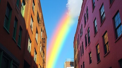 A vibrant rainbow arches over an alleyway, between two brick buildings.