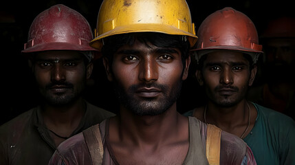 Canvas Print - Portrait of three miners wearing helmets, showcasing their determination and hard work.