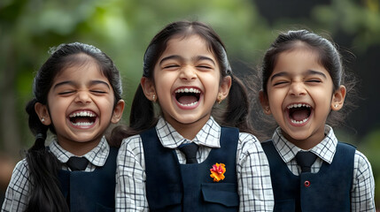 Poster - Three girls laughing joyfully in school uniforms, showcasing happiness and friendship.