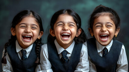 Wall Mural - Three joyful children laughing together, showcasing happiness and friendship.