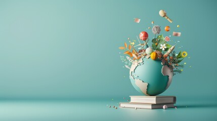 Wall Mural - an abstract illustration of a globe with educational icons and symbols emerging from its surface, il