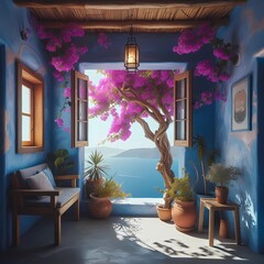 Wall Mural - Luxurious room interior of a house on Greta Island, blue stucco wall, Mediterranean style, purple bougainvillea tree frame the rustic wooden window, created with generative AI.