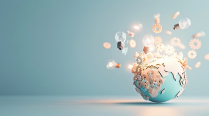 Wall Mural - an abstract illustration of a globe integrated with gears and lightbulbs, representing the synergy b
