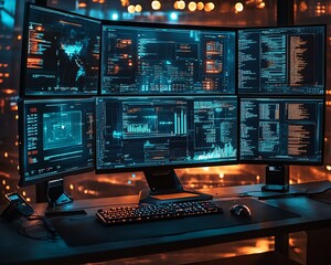 Poster - Futuristic hacking console with multiple screens showing realtime data breaches, security protocols, and advanced hacking software