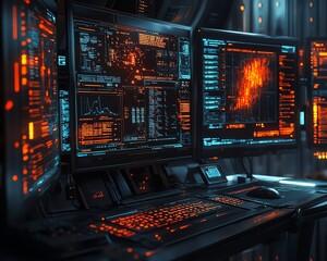 Poster - Futuristic hacking console with multiple screens showing realtime data breaches, security protocols, and advanced hacking software