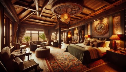 Wall Mural - Interior of a luxurious ethnic style house, bedroom with comfortable bed, view of the forest at sunset, created with A.I. generative.