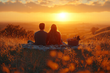 Wall Mural - A couple enjoying a sunset picnic on a quiet hill, with a blanket and a basket of fresh fruits. Concept of romance and leisure.