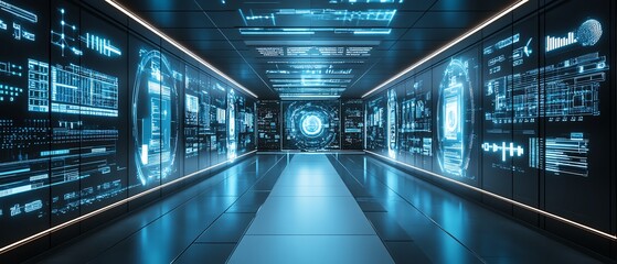 Poster - Advanced information security simulation with interactive digital environments, featuring data protection strategies, threat detection systems, and secure infrastructure