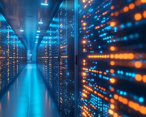 Leinwandbilder - Closeup of a secure data center with stateoftheart cybersecurity systems, featuring encrypted servers, firewalls, and digital security measures