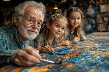 Sticker - Grandparents and grandchildren creating a giant mural together, painting and decorating a large canvas. Concept of artistic collaboration and fun.