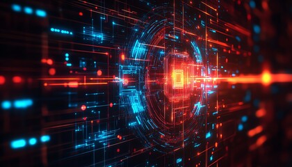 Poster - Futuristic network security breach with sophisticated hacking techniques, featuring encrypted data, virtual firewalls, and hightech hacking gear