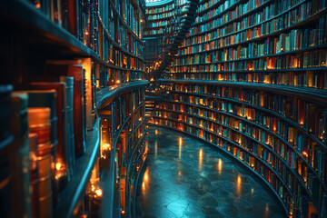 Poster - A vast library with floating books and swirling words, illustrating the endless flow of knowledge and learning. Concept of intellectual abundance and curiosity.