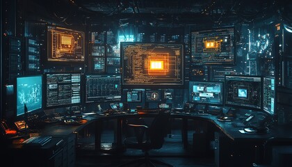 Aufkleber - Hightech data theft operation with advanced hacking tools, showing stolen data on multiple screens, surrounded by a dark, digital environment
