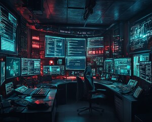Aufkleber - Hightech data theft operation with advanced hacking tools, showing stolen data on multiple screens, surrounded by a dark, digital environment