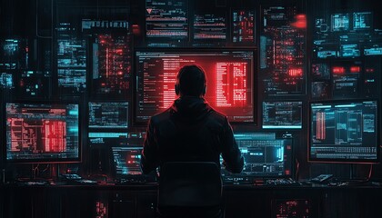 Poster - Hightech data theft operation with advanced hacking tools, showing stolen data on multiple screens, surrounded by a dark, digital environment