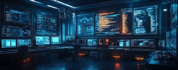 Poster - Intricate data theft setup with multiple monitors displaying breached databases, security alerts, and stolen files in a futuristic lab