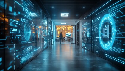 Poster - Modern office with advanced information security features, including biometric access controls, encrypted communication devices, and secure server rooms