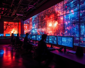 Leinwandbilder - Advanced cyber warfare lab with interactive displays, showing coordinated cyber attacks, defense strategies, and encrypted communication channels