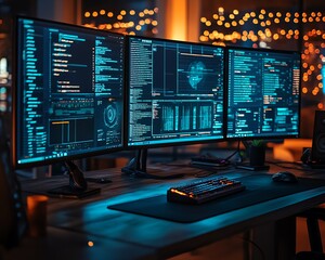 Leinwandbilder - Closeup of a white hat hacker s workstation, featuring ethical hacking software, realtime threat detection, and detailed network security interfaces