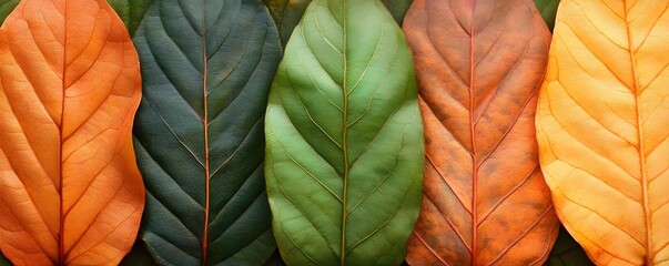 Close-up of Five Leaves in Different Stages of Change