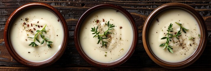 Wall Mural - Creamy Soup Served in Three Small Bowls with Fresh Herb Garnish on a Rustic Surface