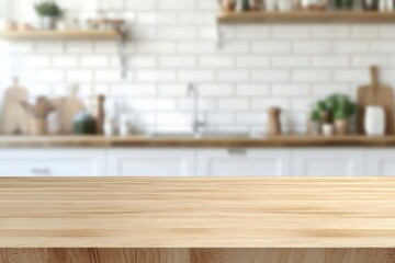 kitchen table background, wood counter top on blur of white clean abstract home interior with bokeh. used for display or montage your wooden for dining background. table banner, ai