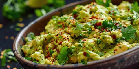 Detailed view of a bowl of homemade chunky guacamole adorned with a generous amount of freshly chopped herbs and a sprinkle of spicy chili flakes.