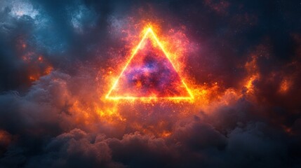 Wall Mural - A glowing neon triangle shape in the sky, surrounded by fire and clouds.