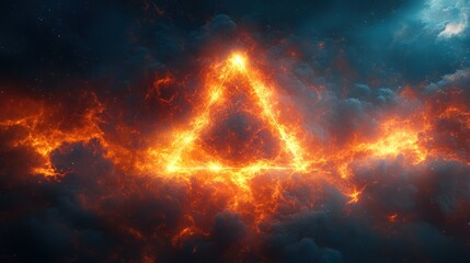 Wall Mural - A glowing triangle shape formed by fire and smoke against a dark background.