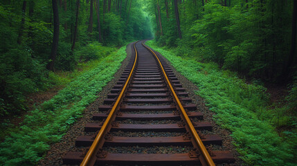 railroad track curves gently through vibrant green foliage, creating a tranquil scene that symbolizes journey, hope, and the seamless blend of nature and travel