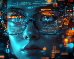 Aufkleber - Futuristic nerd face with sleek glasses, a thoughtful expression, and a hightech environment featuring digital screens, code, and advanced technology
