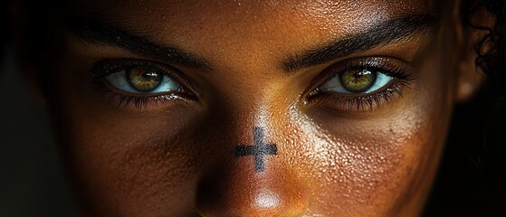 Aufkleber - Highcontrast portrait of a person with crossedout eyes, showcasing dramatic lighting, graphic design elements, and a strong visual presence