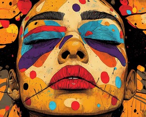 Aufkleber - Stylized face with crossedout eyes, incorporating artistic elements, bold colors, and graphic lines to create a striking and impactful image