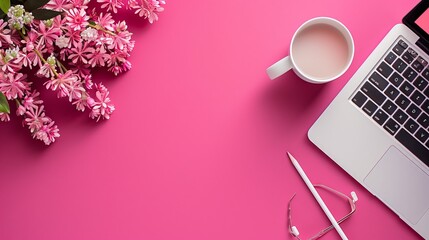 Pink floral workspace with laptop, coffee, and notebook on a vibrant desk.