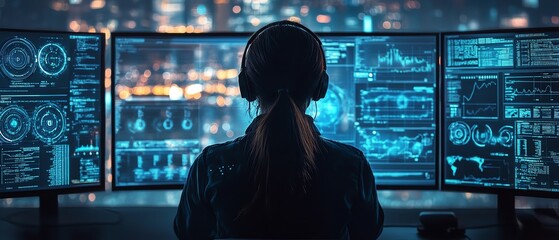 Poster - Hightech digital workspace with an expert utilizing artificial intelligence for advanced document analysis, featuring multiple screens with data management tools and AI algorithms