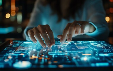 Leinwandbilder - Closeup of an expert using AI for document analysis in a modern digital workspace, showcasing advanced software, data visualizations, and hightech interfaces