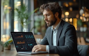Poster - Businessman in a suit working on a laptop, showcasing digital supply chain management