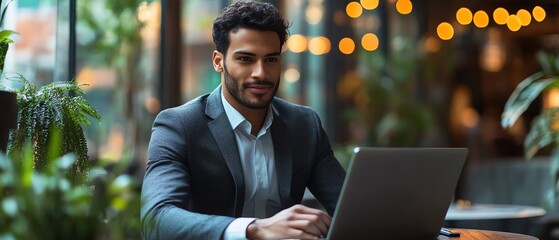 Poster - Businessman in a suit working on a laptop, showcasing digital supply chain management