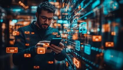 Poster - Businessman interacting with a mobile phone for secure ecommerce transactions, showcasing digital wallet functionality and innovative financial services in a modern setting